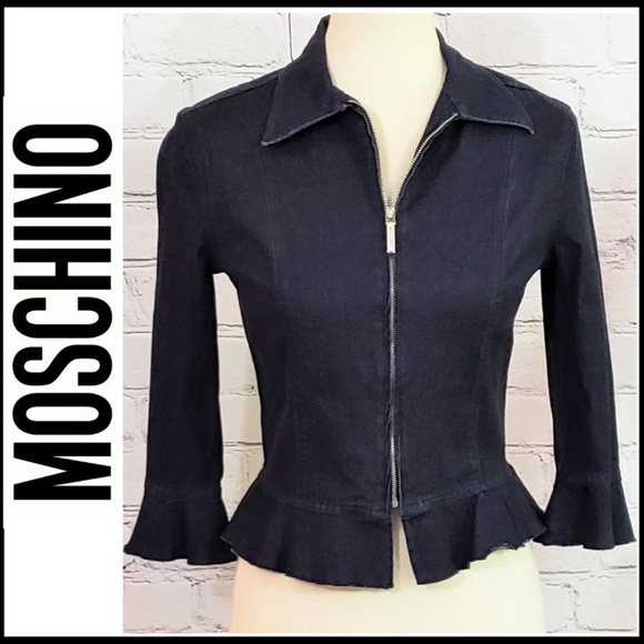 Moschino Front Zip Lightweight, Fitted Denim Ruffle Jacket Blazer, Size 8 - Picture 4 of 9